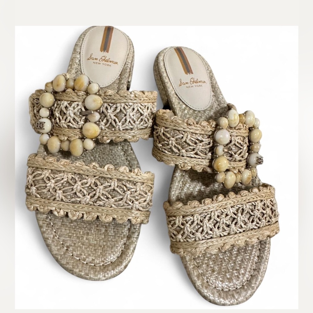 Sam Edelman tan/cream raffia sandals with beaded buckle